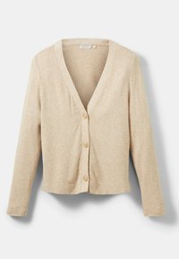 Cardigan en maille beige avec trois boutons, manches longues et col en V, présenté sur un fond blanc.