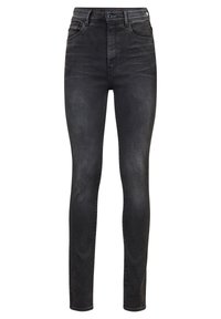 Jeans skinny negros de cintura alta, hechos de denim, con una textura suave, diseño de cinco bolsillos y cierre de botón con un acento azul.