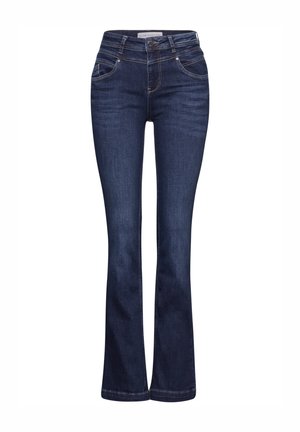  Ausgestellt geschnittene Jeans aus dunkelblauem Denim, mit einer hohen Taille, fünf Taschen und kontrastierenden Nähten entlang der Bünde. Glatte Textur und klassisches Design.