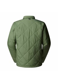 Giacca verde trapuntata con colletto alto, caratterizzata da un motivo a diamante e una texture liscia. Senza chiusure o tasche visibili sul retro.