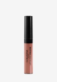 Gloss à lèvres Collistar dans un tube transparent cylindrique, doté d'un capuchon noir, avec une teinte rose douce et une finition très brillante.