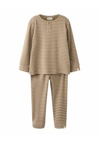 Striped, brown, long-sleeve top with a button neckline paired with matching striped pants. Material appears soft and ribbed.