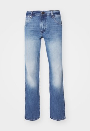 Lichtblauwe denim jeans met een rechte pijp, vervaagde afwerking, vijf-pocket ontwerp en metalen knoopsluiting aan de taille.