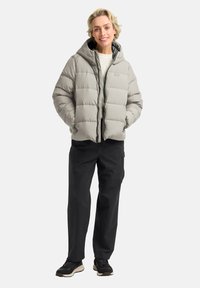 Giacca puffer grigia chiara con cappuccio, caratterizzata da un design trapuntato e zip frontale. Abbinata a pantaloni neri e calzature.