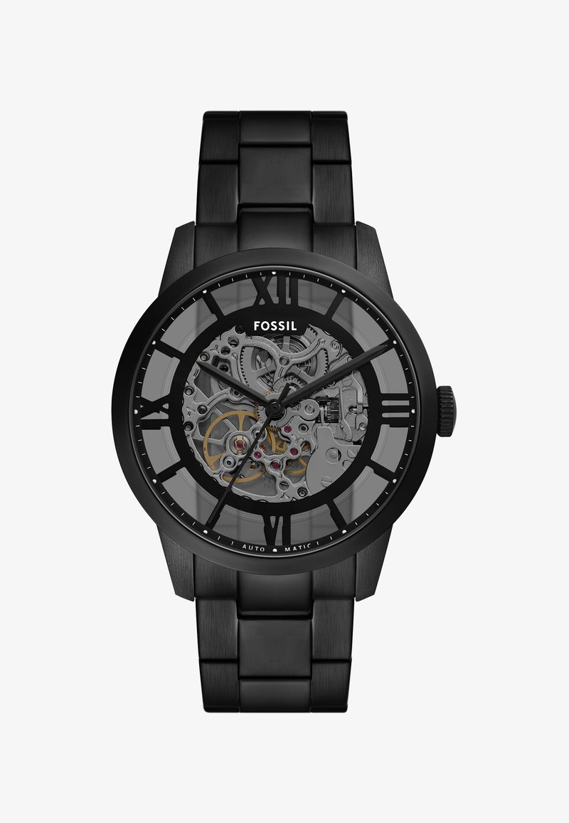 Black stainless steel watch featuring a transparent dial showcasing intricate mechanical components with Roman numerals and black hands.