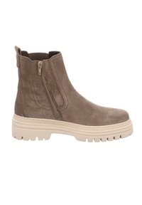 Botín de ante en taupe, con cremallera lateral, exterior texturizado y suela ancha en color crema con un patrón de banda de rodadura resistente.