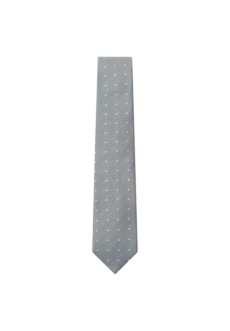 Cravatta azzurra chiara con una finitura testurizzata, caratterizzata da piccoli motivi quadrati rosa distribuiti uniformemente. Forma slim con punta appuntita.
