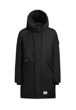 Black parka with a hood, featuring zip and snap closures, two side pockets, and a logo patch at the hem. Smooth, matte finish.