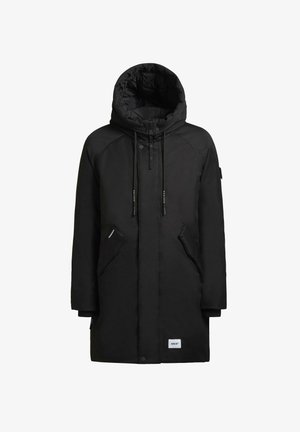 Black parka with a hood, featuring zip and snap closures, two side pockets, and a logo patch at the hem. Smooth, matte finish.