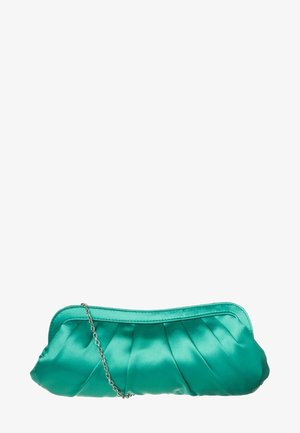 Borsetta a tracolla in satin teal con design plissettato, tracolla in catena argentata e superficie liscia e lucida. Forma minimalista ideale per occasioni formali.