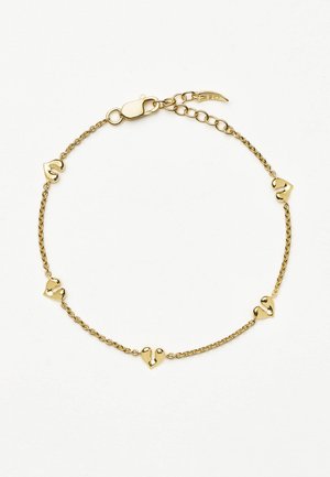 Bracelet chaîne en or avec six maillons brillants en forme de cœur irrégulier et une fermeture à mousqueton sur fond blanc.