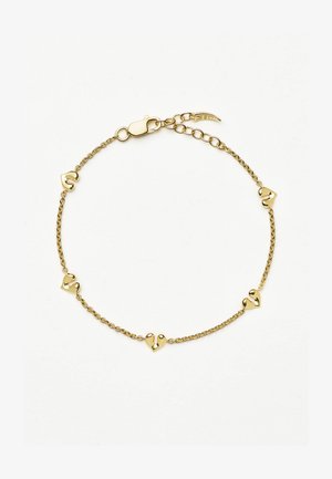 Bracelet chaîne en or avec six maillons brillants en forme de cœur irrégulier et une fermeture à mousqueton sur fond blanc.