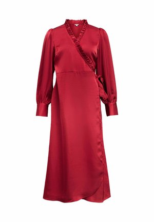 Vestido envolvente de satén rojo con mangas largas abullonadas, escote con volantes y detalle de lazo lateral, que presenta una silueta fluida y dobladillo hasta el tobillo.