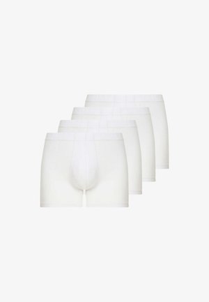 Confezione da quattro boxer per uomo bianchi semplici impilati con vista frontale, caratterizzati da cinturini elastici in vita e senza marchi visibili.