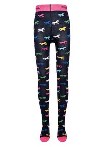 Granatowe rajstopy z wzorem kolorowych, kreskówkowych koni. Miękki materiał, z kontrastującym różowym pasem w talii i akcentami na stopach.
