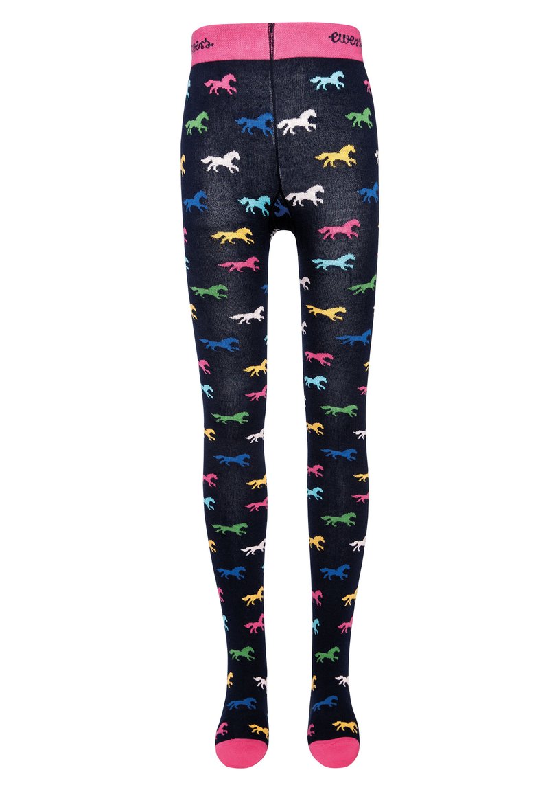 Granatowe rajstopy z wzorem kolorowych, kreskówkowych koni. Miękki materiał, z kontrastującym różowym pasem w talii i akcentami na stopach.