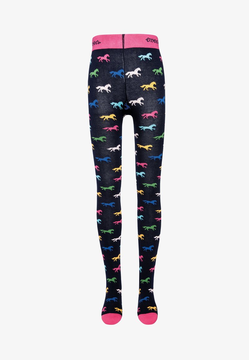 Granatowe rajstopy z wzorem kolorowych, kreskówkowych koni. Miękki materiał, z kontrastującym różowym pasem w talii i akcentami na stopach.