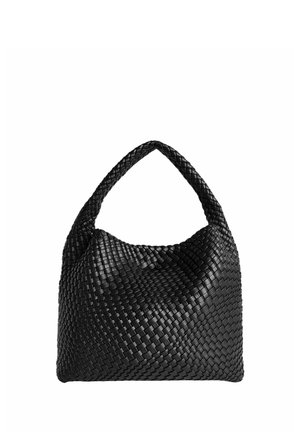 Schwarze gewebte Ledertasche mit einem einzigen dicken geflochtenen Griff, die eine weiche, lässige rechteckige Form aufweist.