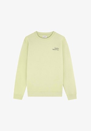 Light green sweatshirt with long sleeves, a crew neck, and a small printed logo on the chest. Made from soft, textured fabric.
