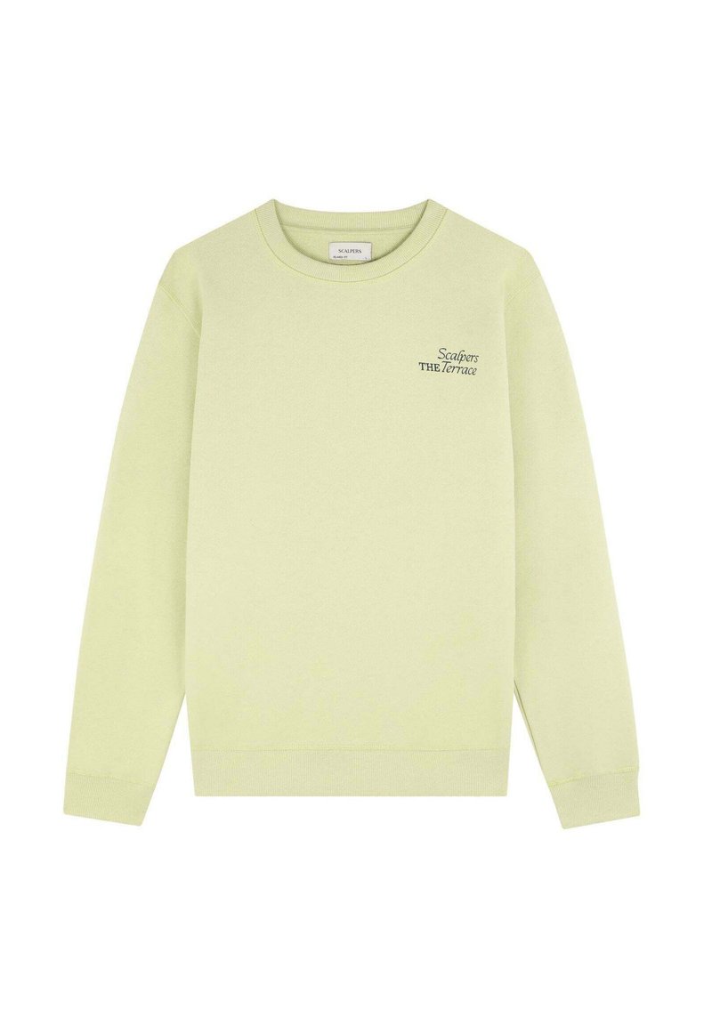 Sweatshirt vert clair à manches longues, col rond et petit logo imprimé sur la poitrine. Fabriqué à partir d'un tissu doux et texturé.