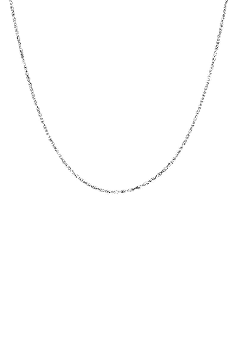 Zilveren ketting met een gedraaide schakeldesign, voorzien van een gladde, glanzende afwerking en een uniforme lengte die geschikt is voor het laagjes dragen.