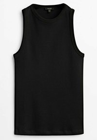 Débardeur noir sans manches en tissu doux, avec un col rond et des bords nets, offrant un design simple et épuré.