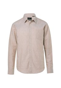 Hellbeiges Langarmhemd, vorne mit Knopfleiste, Kragen, einzelne Brusttasche, strukturierter Stoff, abgerundeter Saum und kleine weiße Knöpfe.