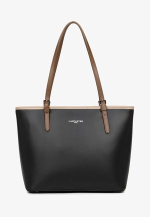 Borsa tote nera realizzata in materiale liscio con manici in pelle marrone, caratterizzata da un bordo beige e dettagli del logo in argento sulla parte anteriore.