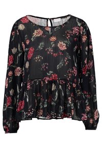 Blouse noire à motifs floraux avec des manches longues, design plissé, dos en forme de clé, featuring des fleurs rouges et roses ainsi que des feuilles vertes. Tissu léger et transparent.