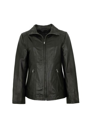 Schwarze Lederjacke mit langen Ärmeln, einem Kragen, einem Frontreißverschluss und zwei seitlichen Reißverschlusstaschen. Verfügt über vertikale Nahtdetails.