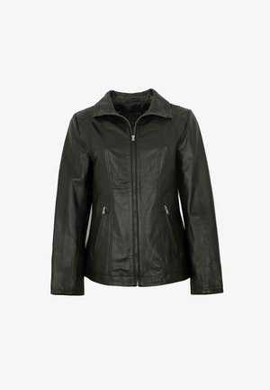 Schwarze Lederjacke mit langen Ärmeln, einem Kragen, einem Frontreißverschluss und zwei seitlichen Reißverschlusstaschen. Verfügt über vertikale Nahtdetails.