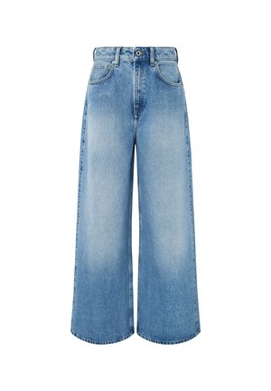 Lyseblå vidde jeans lavet af denim, med høj talje, knaplukning og subtil falmning med rene kantkanter.