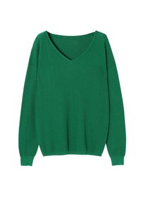 Pull en tricot vert avec un col en V, des manches longues et une texture côtelée. Design simpliste, sans motifs ni accents.