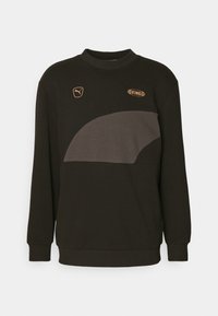 Czarny sweatshirt z okrągłym dekoltem, z szarym panelem i złotymi akcentami logo. Wykonany z miękkiej tkaniny z ściągaczami przy mankietach i u dołu.