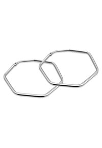 Zwei silberne Edelstahl-Sechskantringe mit glatten Kanten und abgerundeten Ecken, die ein schlichtes Design und eine polierte Oberfläche aufweisen.