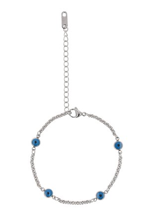 Brățară cu lanț din argint cu patru pandantive albastre cu ochi rău distribuite uniform și închidere reglabilă.