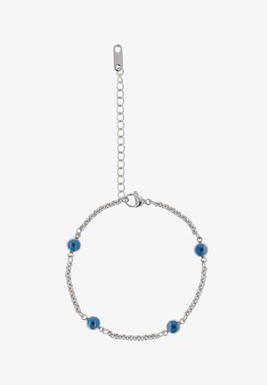 Hopeaketjuinen rannekoru, jossa on neljä tasaisesti sijoitettua sinistä pahan silmän riipusta ja säädettävä lukko.