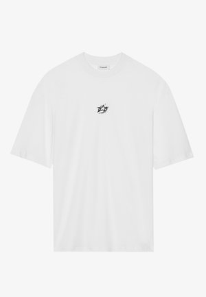 T-shirt en coton blanc avec un petit motif noir sur la poitrine. Il a des manches courtes et une coupe décontractée. Texture lisse.