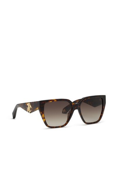 Lunettes de soleil œil-de-chat en écaille avec verres marron dégradés et emblème décoratif doré sur les branches.
