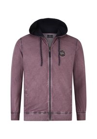 Hooded zip-up jacket in purple fabric, featuring navy blue lining, embroidered logo, and ribbed cuffs and hem. Smooth texture, casual design.
