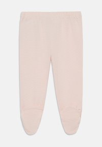 Leggings rose clair avec des rayures blanches horizontales, présentant une taille élastique douce et un design avec pieds. Fabriqué à partir d'un matériau extensible et confortable.