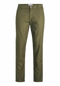 Olive green trousers with a straight leg design, made from cotton fabric. Features a metal button and front pockets, smooth texture.