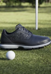 Chaussure de golf noire avec crampons repose sur de l'herbe verte près d'une balle de golf et d'un mât de drapeau du trou en arrière-plan.