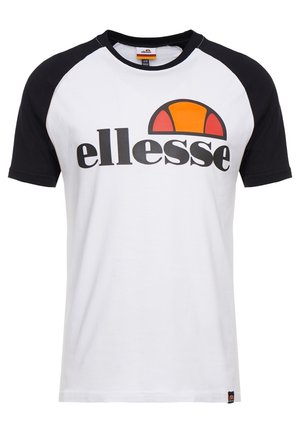 White cotton t-shirt with short black raglan sleeves, featuring a large black "ellesse" logo and an orange and black half-circle graphic.