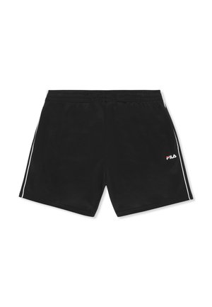 Sorte atletikshorts med hvide striber i siden og lille Fila-logo på forsiden af højre ben, elastisk linning og knælængde.