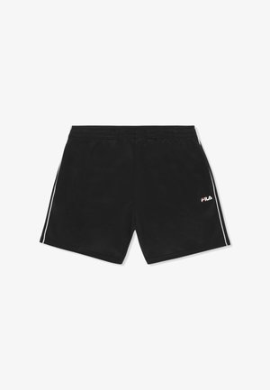 Sorte atletikshorts med hvide striber i siden og lille Fila-logo på forsiden af højre ben, elastisk linning og knælængde.