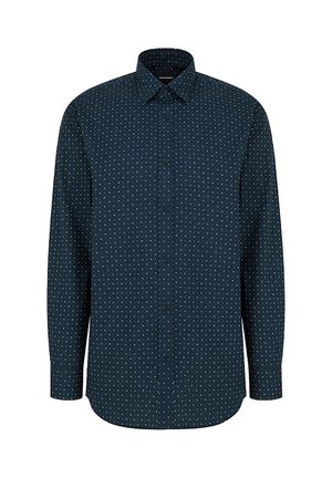 Koszula z długim rękawem zapinana na guziki w ciemnogranatowym kolorze z białymi kropkami, z klasycznym kołnierzykiem i zaokrąglonym dołem. Wykonana z lekkiego materiału.