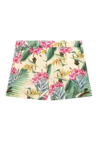 Bermuda floreale con uno sfondo giallo chiaro, decorato con orchidee rosa, foglie verdi e dettagli turchesi; vita elastica, vestibilità regolare.