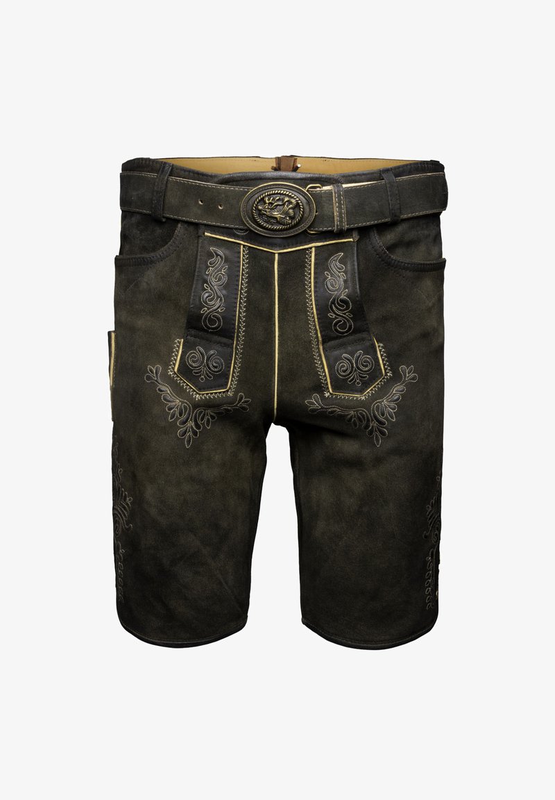 Hnědé kožené šortky se vzorovou výšivkou, dvěma předními kapsami a opaskem s kovovou sponou. Hladká textura s podrobnými vzory.