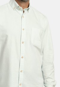 Camisa de botón a rayas verde claro con un bolsillo en el pecho, cuello puntiagudo y botones beige, fabricada con una tela suave.